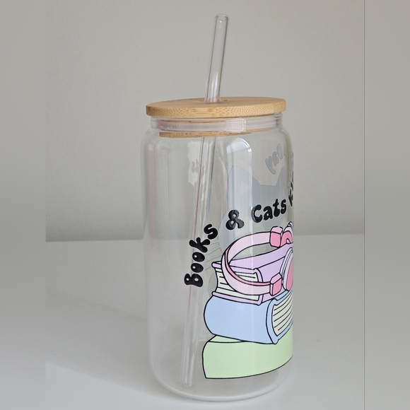 Books and Cats Kinda Day 16oz Clear Libbey Glass Tumbler - Picture 2 of 6